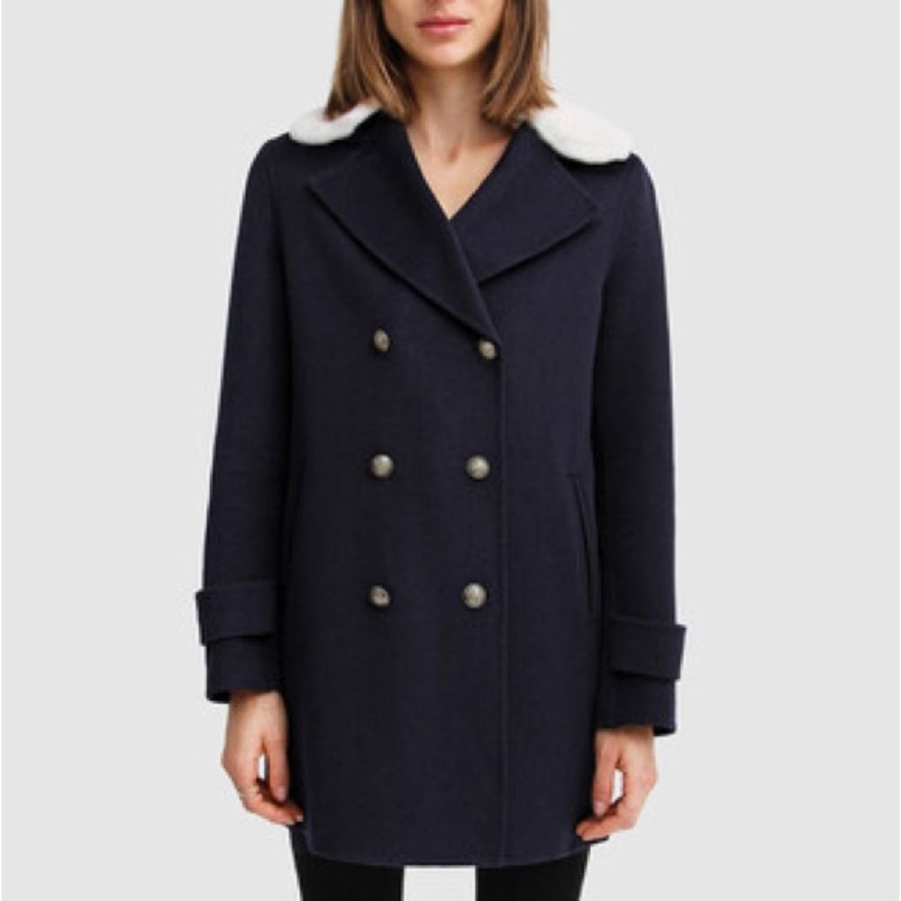 Belle & Bloom Liberty Sherpa Collar Wool Blend Navy Double Breasted Pea Coat NWT